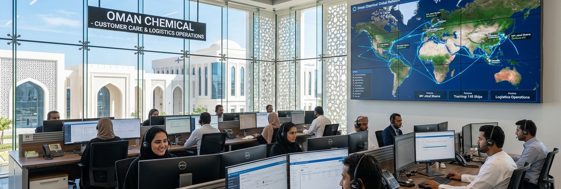Oman Chemical customer care, Muscat headquarters, and port supply operations center