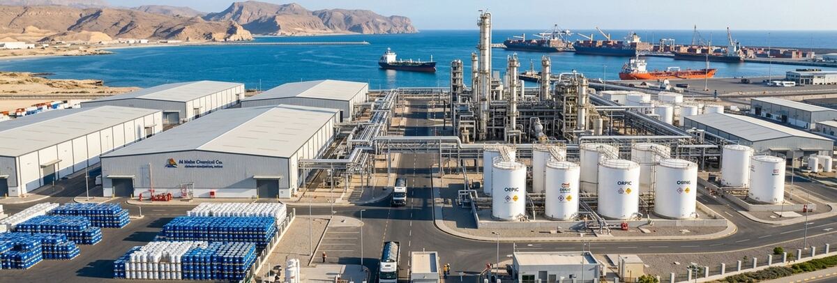 Oman Chemical Manufacturing Plant & Infrastructure Oman Chemical manufacturing plant, warehouses, and storage tanks near coastal shipping port in Oman