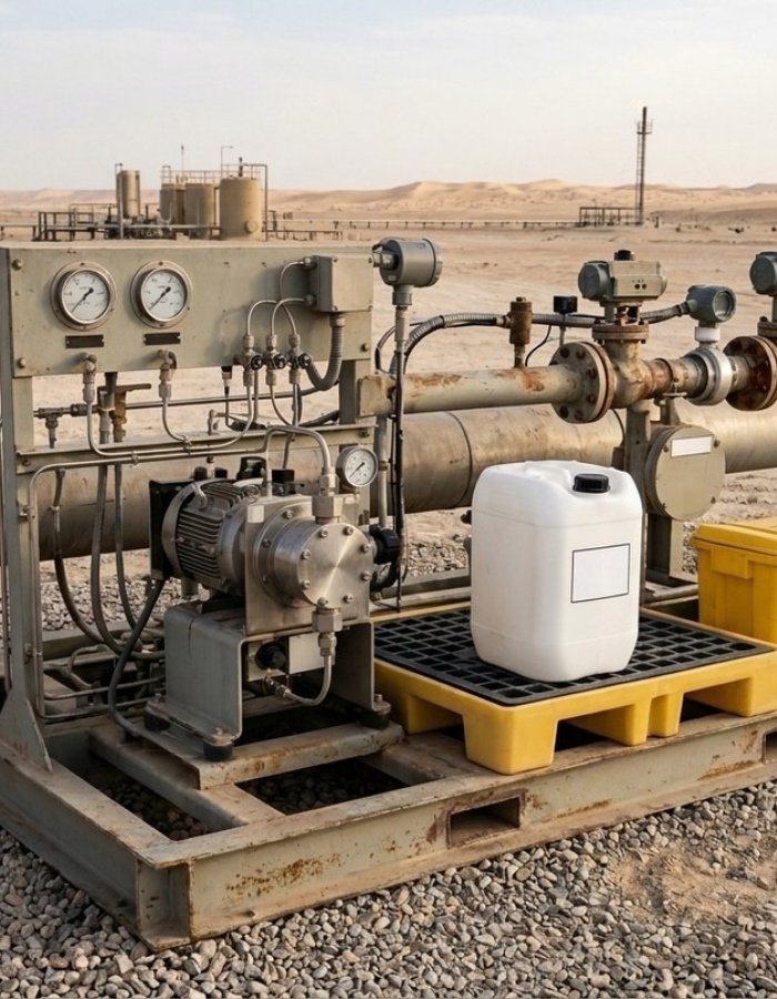 Sealed jerry can of oxygen scavenger beside a dosing pump on an oilfield water injection skid in Oman