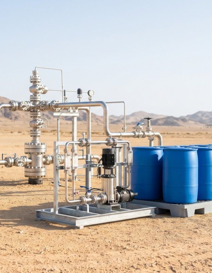 Gas wellhead injection skid with blue drums of ethylene glycol on a bunded pallet in the Oman interior desert
