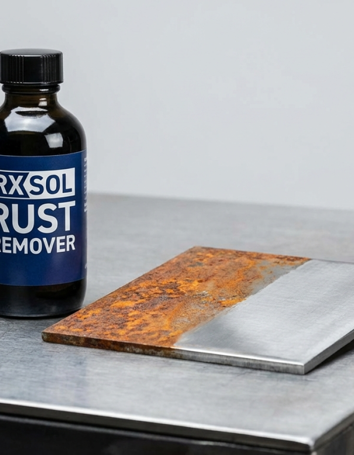 Rust remover bottle with rusted and cleaned metal comparison