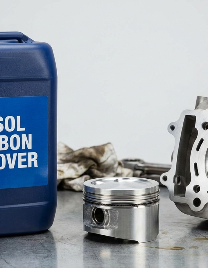 Carbon remover container with cleaned engine parts
