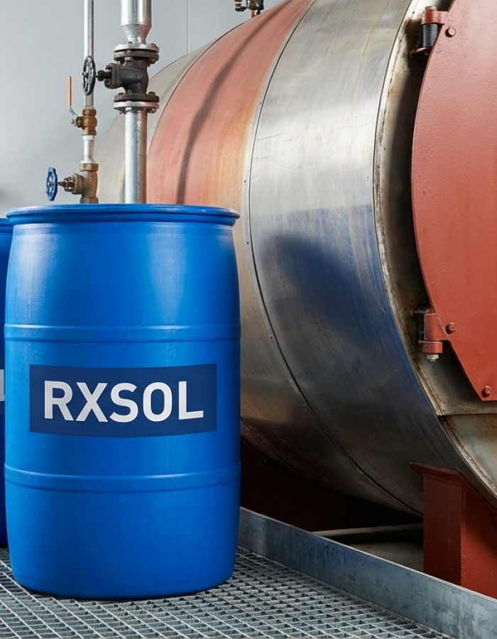 Boiler water treatment chemical drums beside an industrial boiler