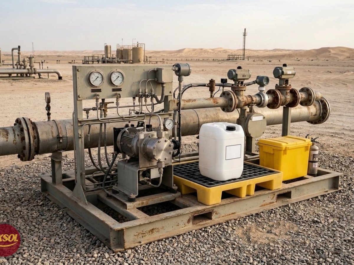 Sealed jerry can of oxygen scavenger beside a dosing pump on an oilfield water injection skid in Oman