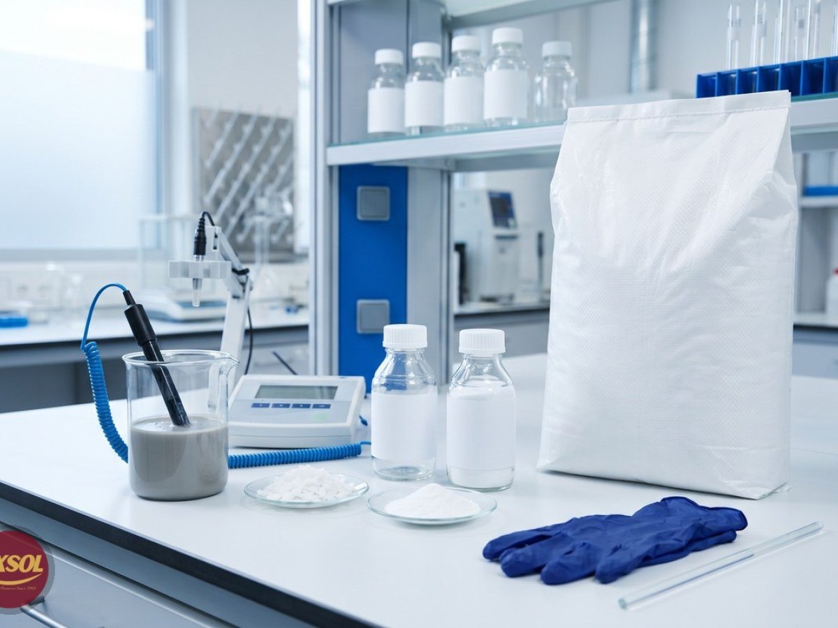 PH meter in a drilling mud sample beside caustic soda flakes and a 25 kg soda ash bag in a Muscat lab