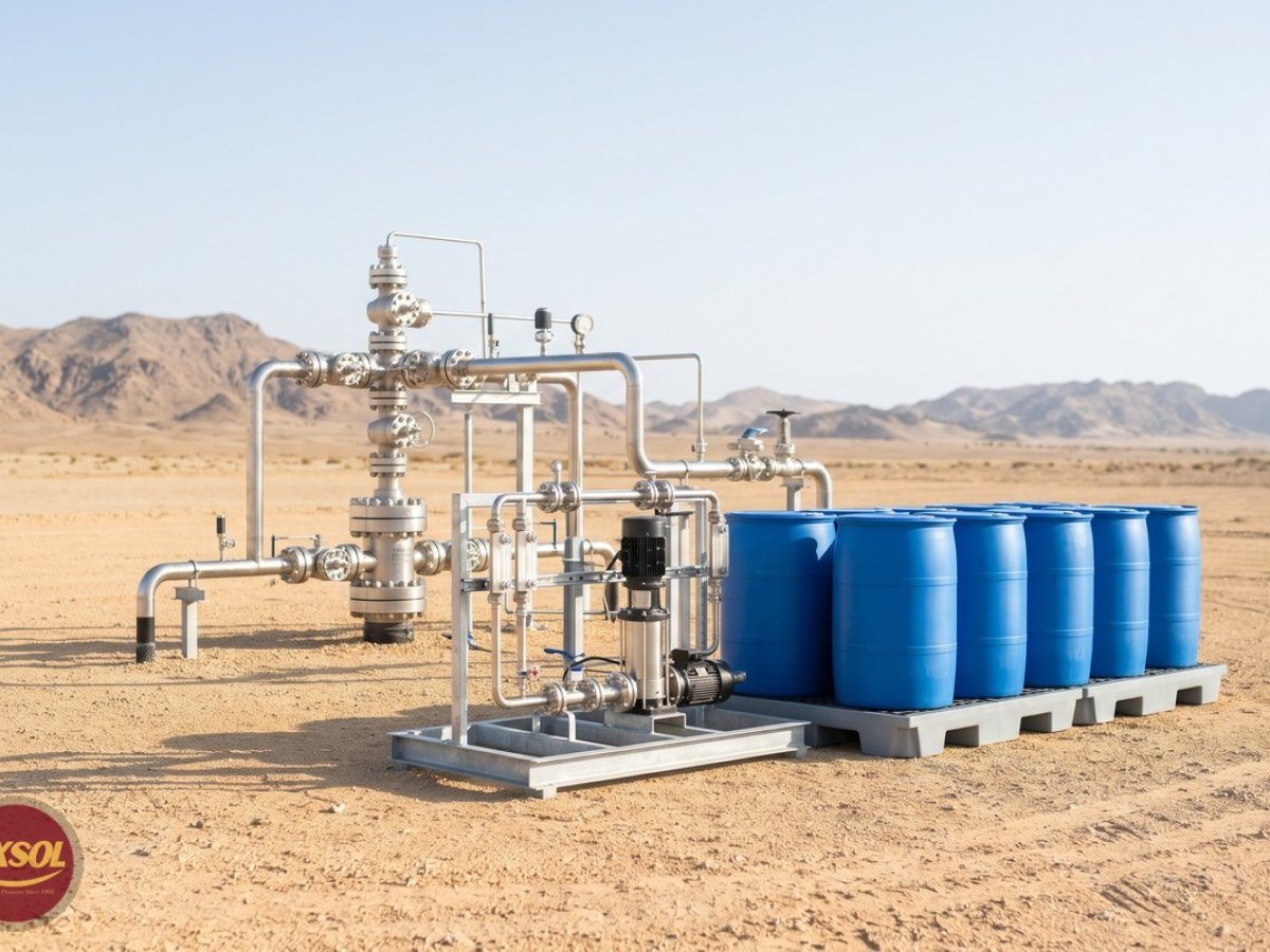 Gas wellhead injection skid with blue drums of ethylene glycol on a bunded pallet in the Oman interior desert