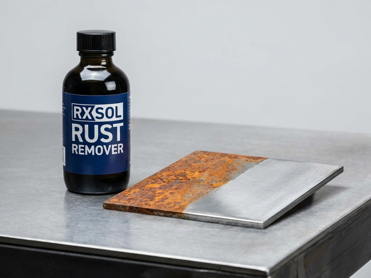 Rust remover bottle with rusted and cleaned metal comparison
