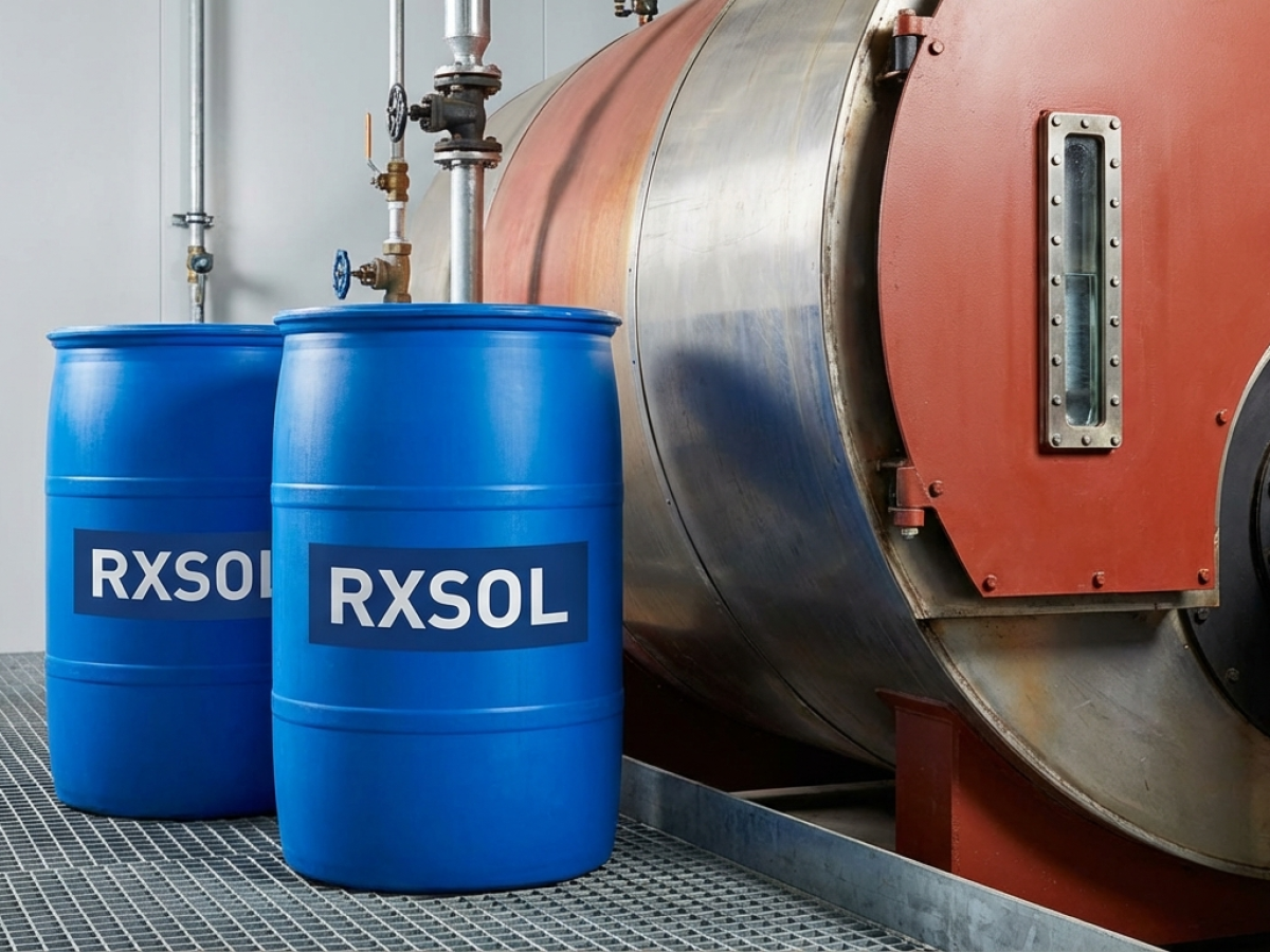 Boiler water treatment chemical drums beside an industrial boiler